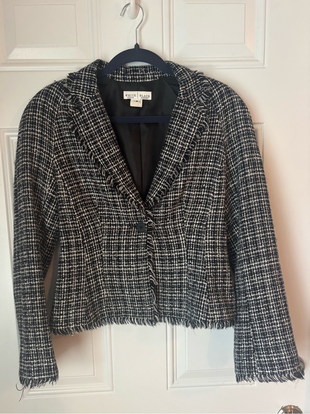 White House Black Market Black & White Tweed Fringe-Trim Blazer